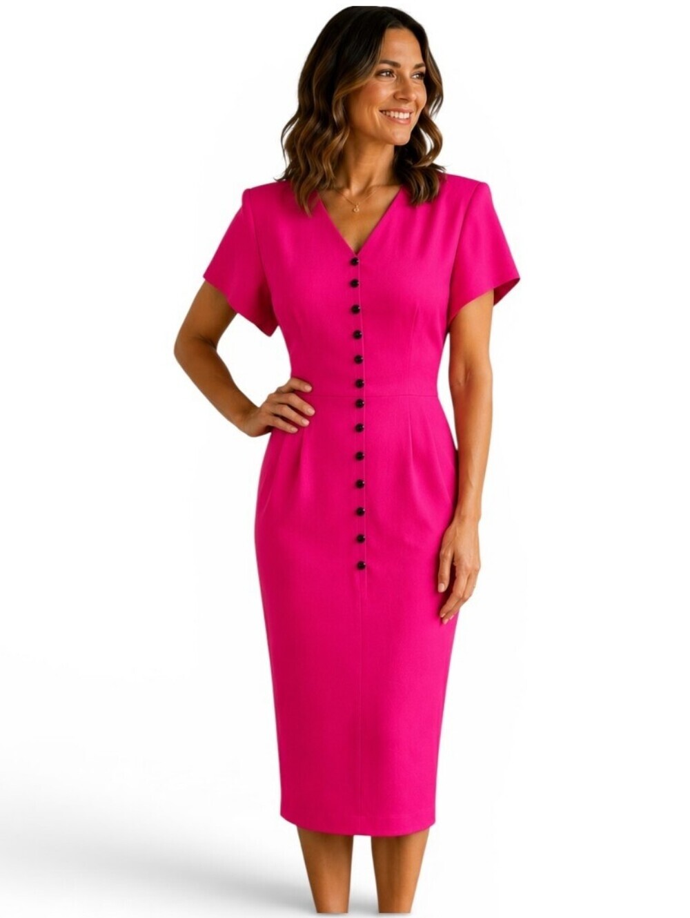 Vintage Silk Studio Fuchsia 100% Silk Faux Button Midi Dress Size 8